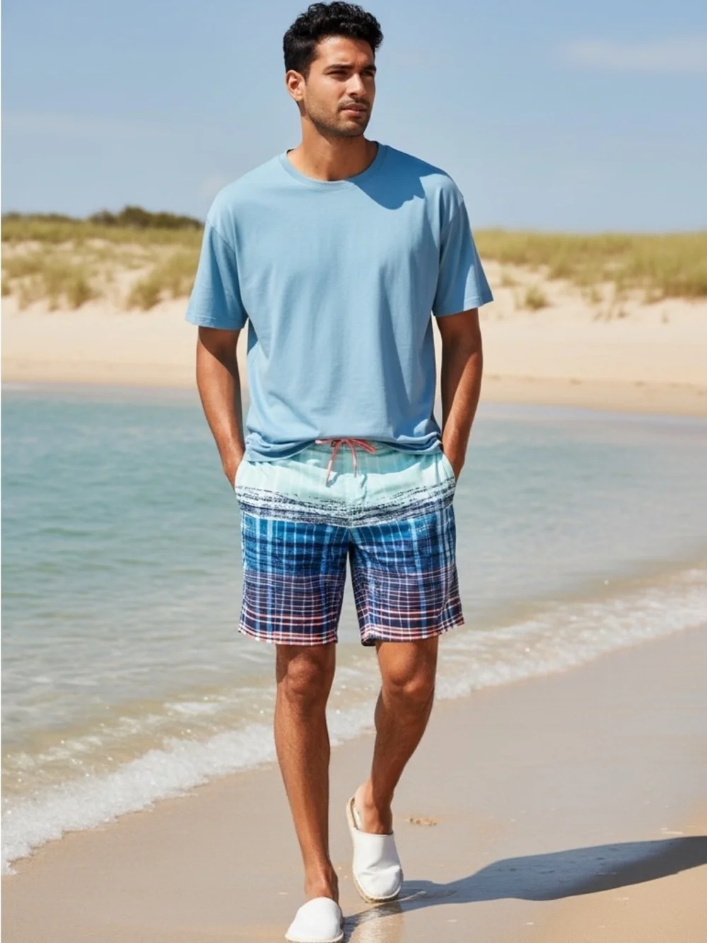 Nautica Men's Blue and Red Plaid Swim Shorts Size XXL TTG